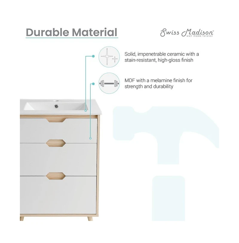 Swiss Madison Brusque 24" Freestanding Bathroom Vanity in Natural Oak with Sink Top