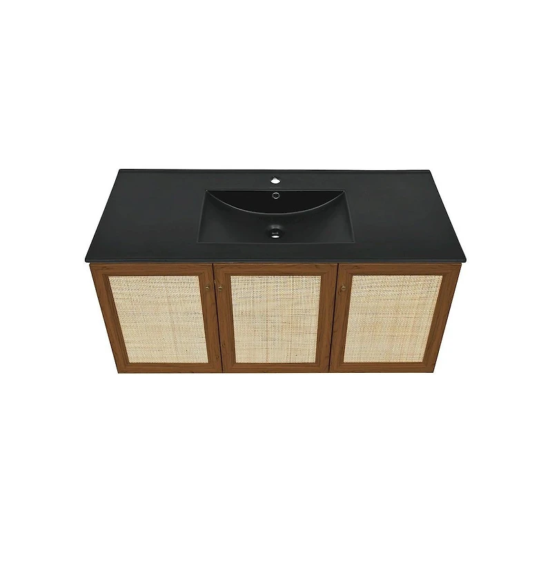 Swiss Madison Classe 48" Wall-Mounted Bathroom Vanity in Brown Oak with Black Sink Top
