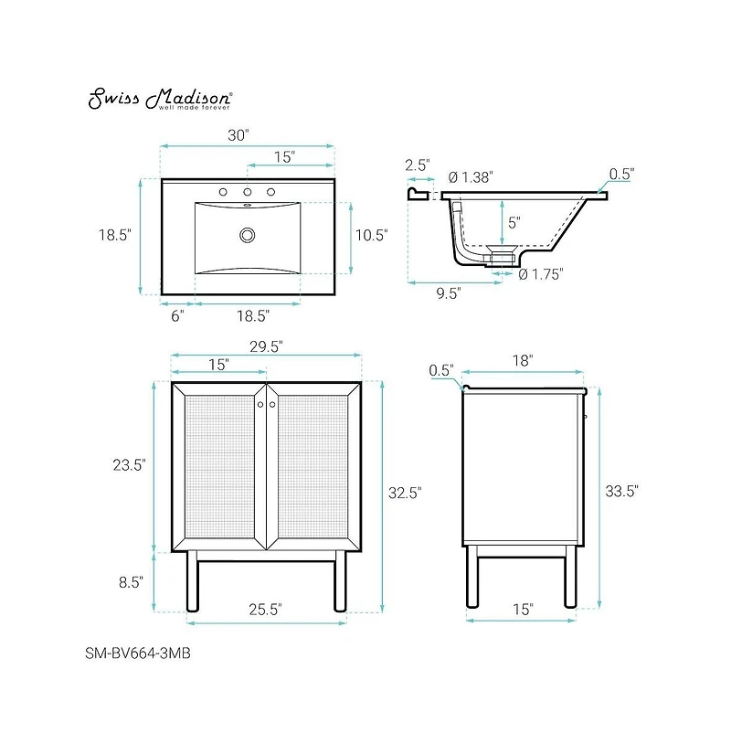 Swiss Madison 30" Freestanding Bathroom Vanity in Golden Oak, Black 3-Hole Widespread Sink Top