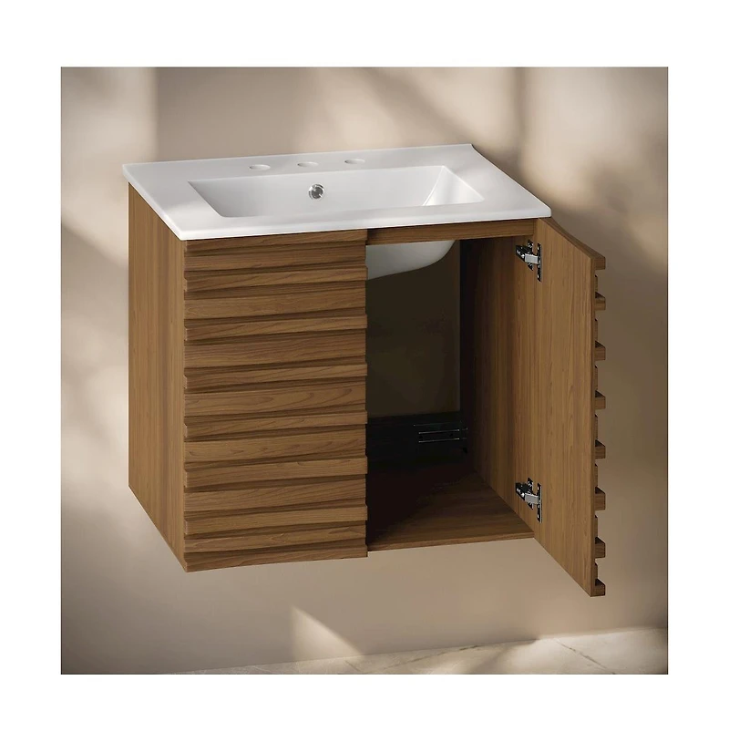 24" Wall-Mounted Bathroom Vanity in Brown Oak with 3-Hole Widespread Sink Top