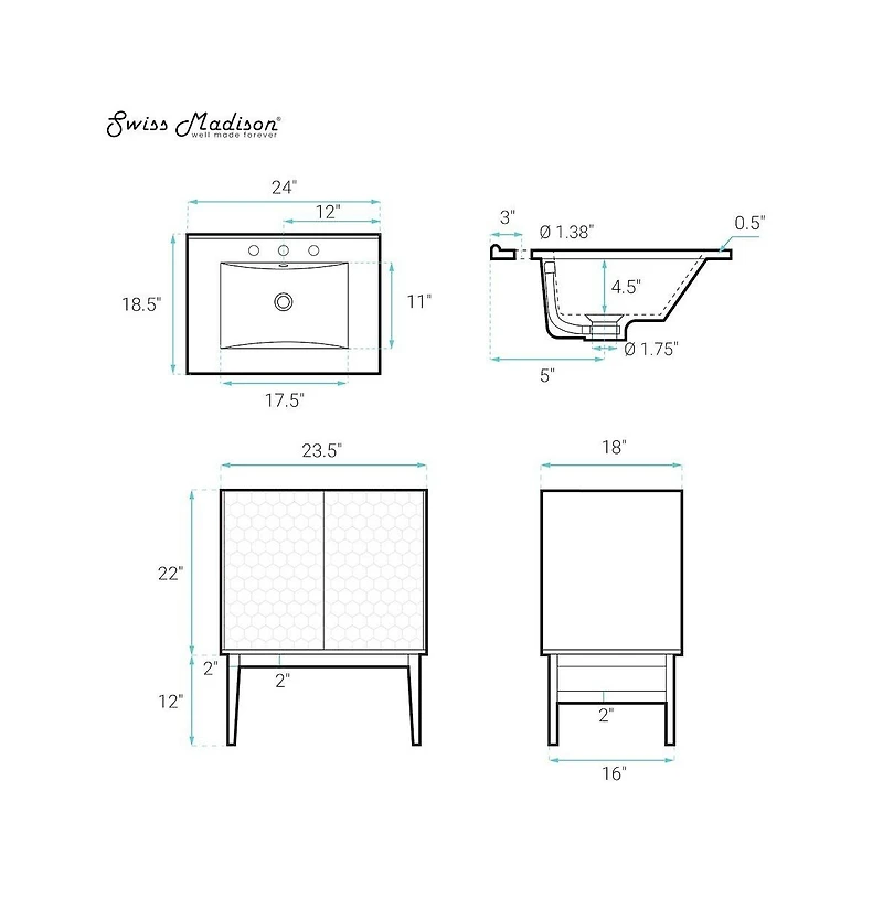 24" Freestanding Bathroom Vanity in Brown Oak, Black 3-Hole Centerset Sink Top