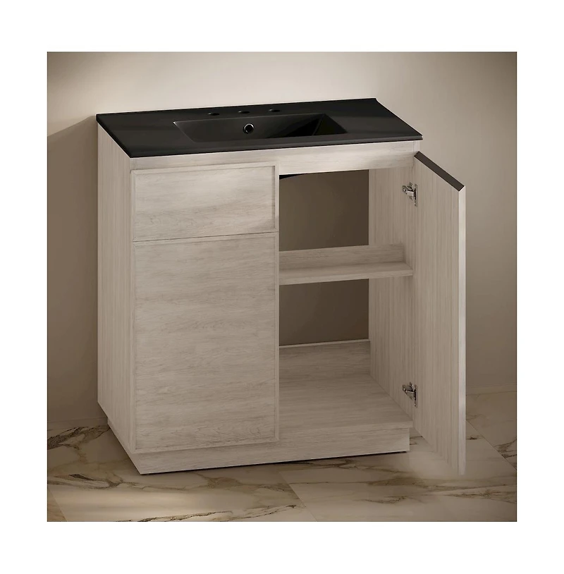 36" Freestanding Bathroom Vanity in White Oak, Black 3-Hole Widespread Sink Top