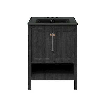 Swiss Madison24" Freestanding Bathroom Vanity in Black Oak, Black 3-Hole Centerset Sink Top
