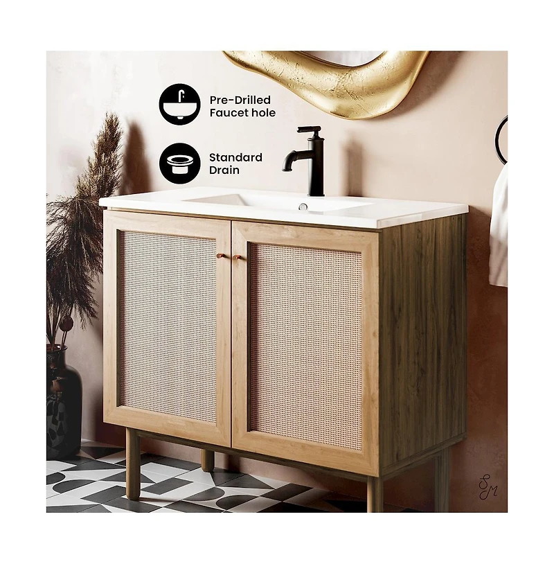 Swiss Madison Classe 36" Freestanding Bathroom Vanity in Golden Oak with Sink Top