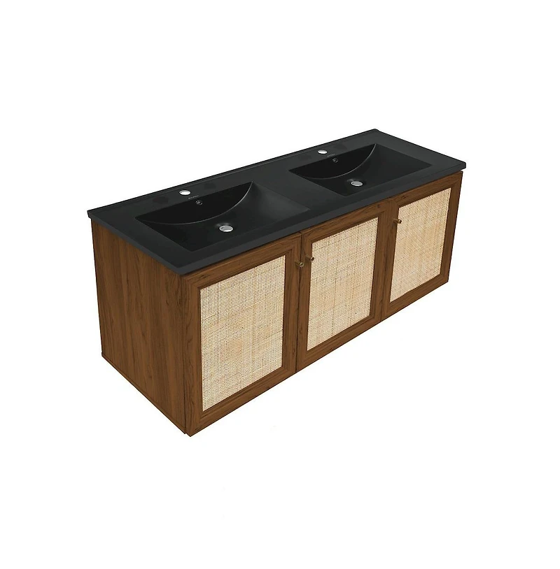 Swiss Madison48" Wall-Mounted Bathroom Vanity in Brown Oak with Black Double Basin Sink Top
