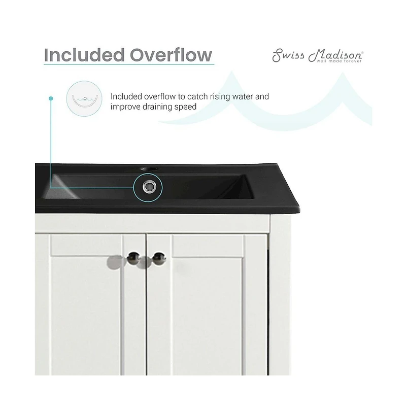 Swiss Madison Cannes in. White Bathroom Vanity With Black Ceramic Sink Top