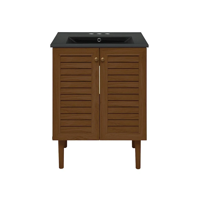Swiss Madison 24" Freestanding Bathroom Vanity in Brown Oak, Black 3-Hole Centerset Sink Top