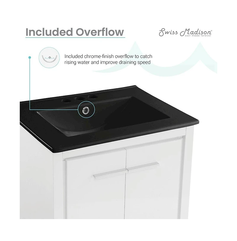 Swiss Madison Virage 24 in. White Bathroom Vanity With Black, 3-Hole Ceramic Sink Top