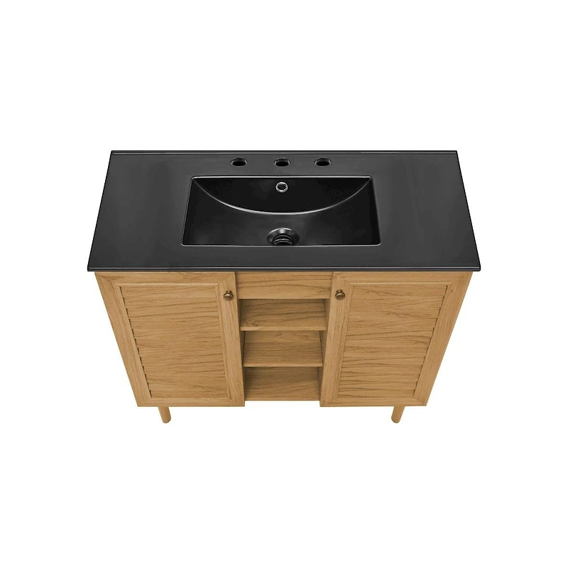 36" Freestanding Bathroom Vanity in Golden Oak, Black 3-Hole Widespread Sink Top