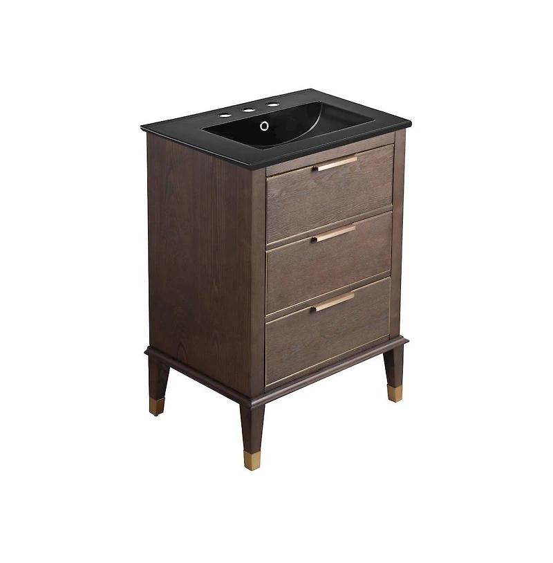 Swiss Madison Hugo 24 in. Brown Oak Bathroom Vanity With Black, 3-Hole Ceramic Sink Top