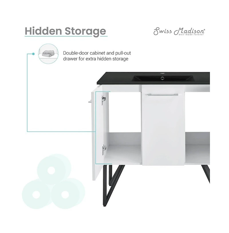 Annecy 36 in. White Bathroom Vanity With Black Ceramic Sink Top