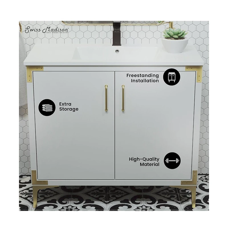 Swiss Madison Voltaire 36" Freestanding Bathroom Vanity in White with Sink Top