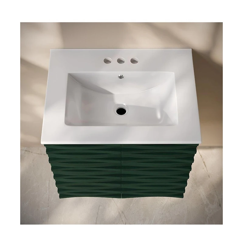 Swiss Madison 24" Wall-Mounted Bathroom Vanity in Green Oak with 3-Hole Centerset Sink Top