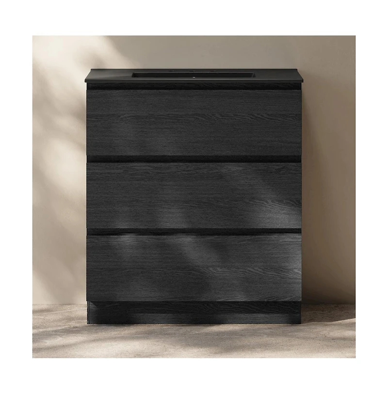 30" Freestanding Bathroom Vanity in Black Oak, Black 3-Hole Widespread Sink Top