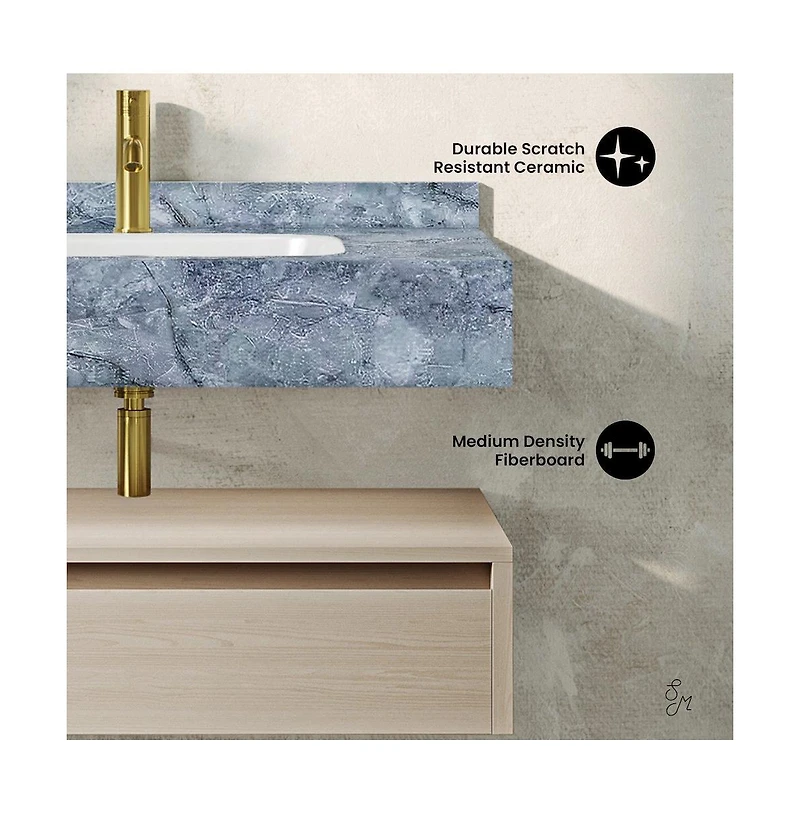 Avancer 36" Wall-Mounted Bathroom Vanity in White Oak with Blue Celeste Sink Top