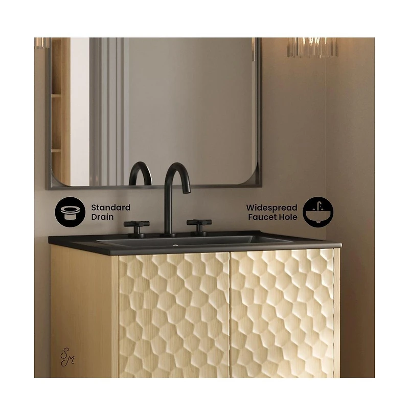 Swiss Madison 24" Freestanding Bathroom Vanity in Natural Oak, Black 3-Hole Centerset Sink Top