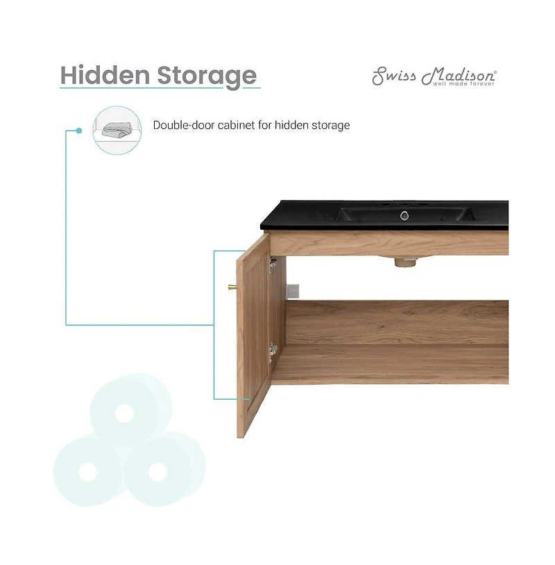 Swiss Madison 36 in. Brown Oak Wall Hung Bathroom Vanity With Black, 3-Hole Ceramic Sink Top