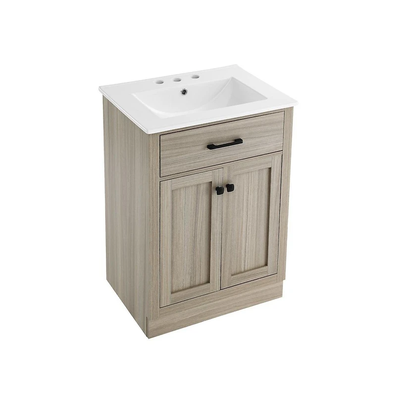 Swiss Madison Burdon 24 in. Brown Oak Bathroom Vanity With White, 3-Hole Ceramic Sink Top