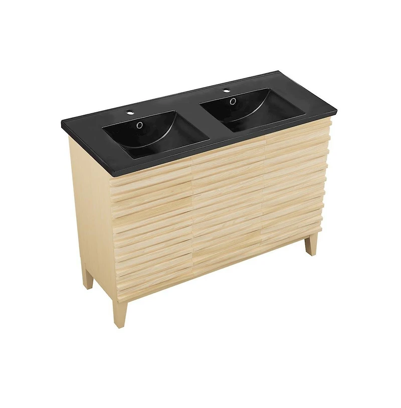 Swiss Madison 48 in. Natural Oak, Double Basin Bathroom Vanity With Black Ceramic Sink Top