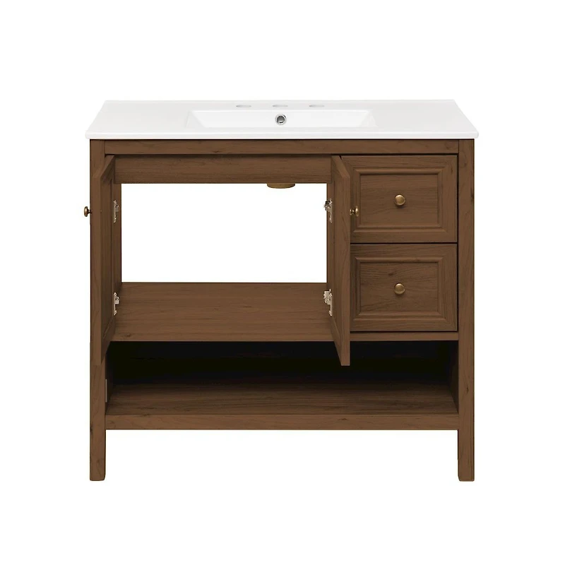 Swiss Madison 36" Freestanding Bathroom Vanity in Brown Oak with 3-Hole Widespread Sink Top