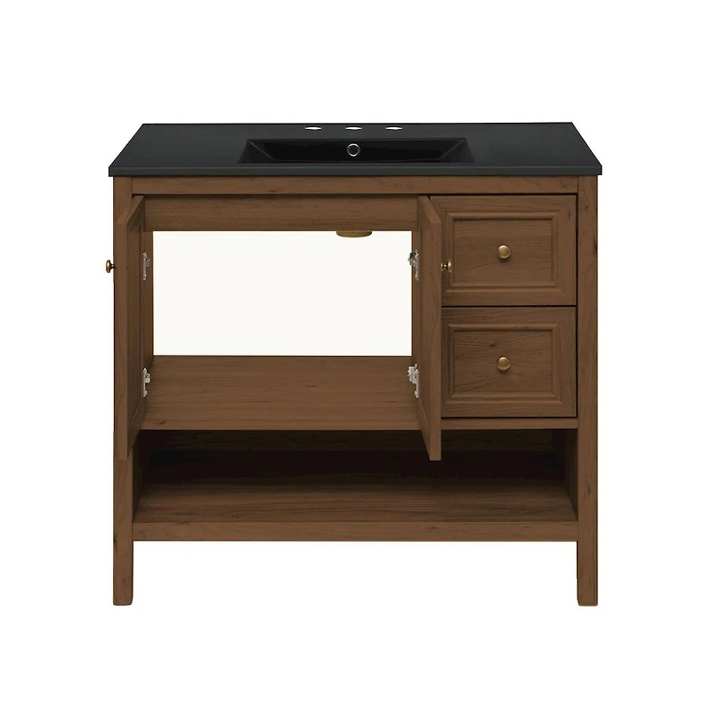 36" Freestanding Bathroom Vanity in Brown Oak, Black 3-Hole Widespread Sink Top