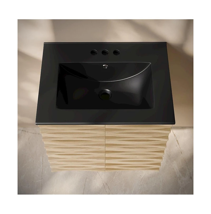 Swiss Madison 24" Wall-Mounted Bathroom Vanity in Natural Oak, Black 3-Hole Centerset Sink Top