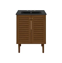 Swiss Madison 24" Freestanding Bathroom Vanity in Brown Oak, Black 3-Hole Widespread Sink Top