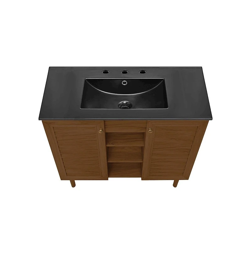 Swiss Madison 36" Freestanding Bathroom Vanity in Brown Oak, Black 3-Hole Widespread Sink Top