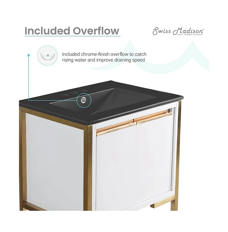 Marseille 24 in. White Bathroom Vanity With Black, 3-Hole Ceramic Sink Top