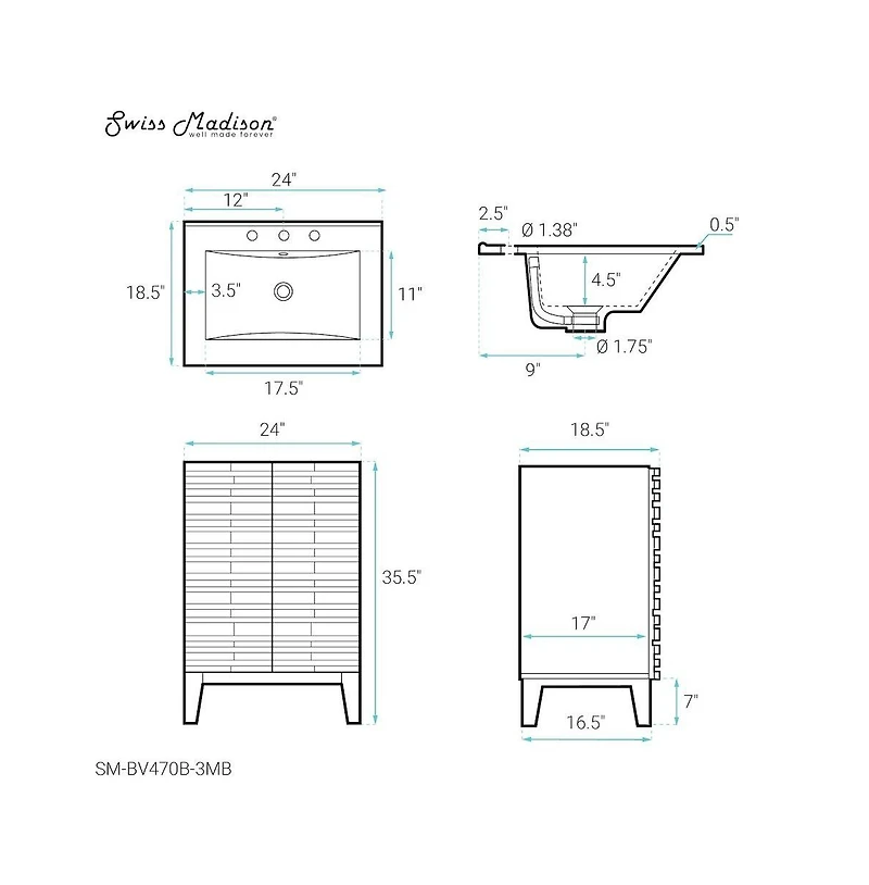 Swiss Madison Cascade 24 in. Black Oak Bathroom Vanity With Black, 3-Hole Ceramic Sink Top