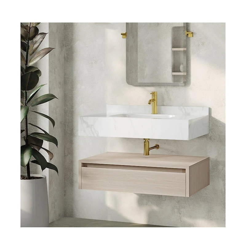 Swiss Madison Avancer 36" Wall-Mounted Bathroom Vanity in White Oak with White Marble Sink Top