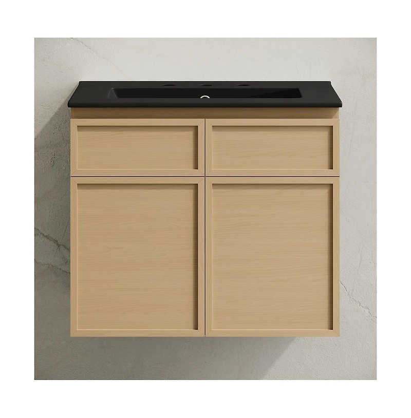 Swiss Madison24" Wall-Mounted Bathroom Vanity in Natural Oak, Black 3-Hole Centerset Sink Top