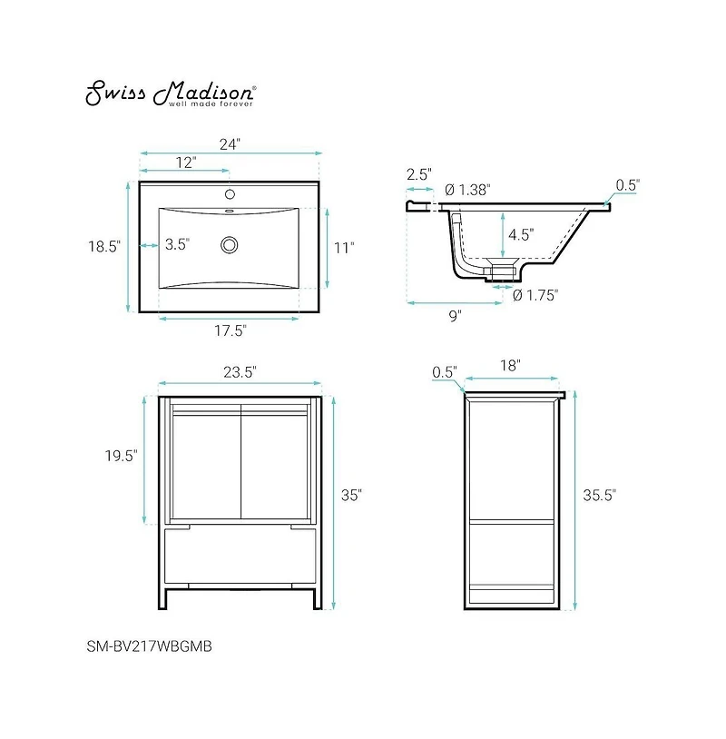 Swiss Madison Marseille 24 in. White Bathroom Vanity With Black Ceramic Sink Top