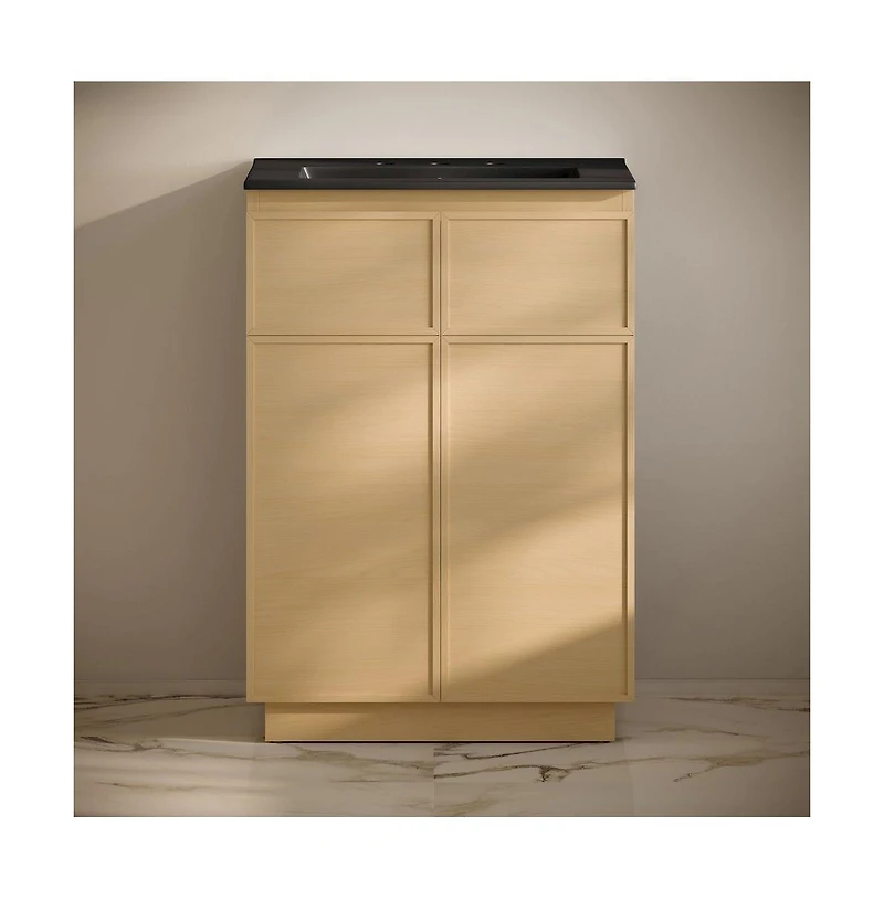 Swiss Madison 24" Freestanding Bathroom Vanity, Natural Oak, Black 3-Hole Widespread Sink Top