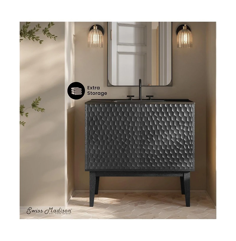 Swiss Madison 36" Freestanding Bathroom Vanity in Black Oak, Black 3-Hole Widespread Sink Top