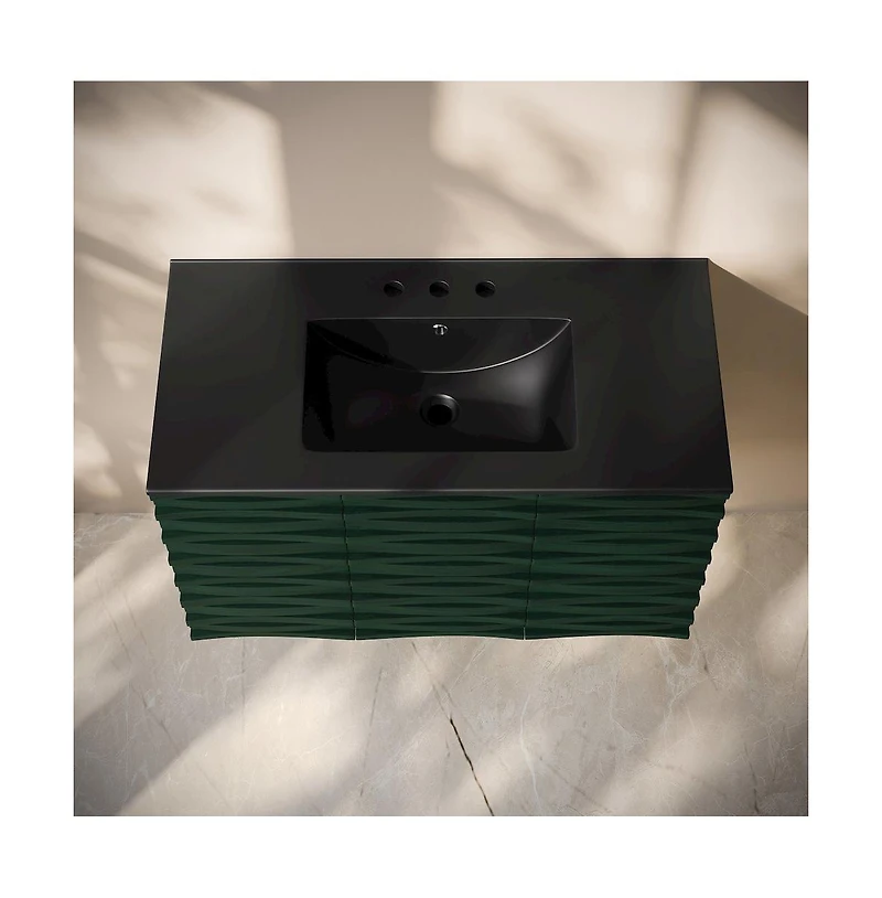 Swiss Madison36" Wall-Mounted Bathroom Vanity in Green Oak, Black 3-Hole Widespread Sink Top