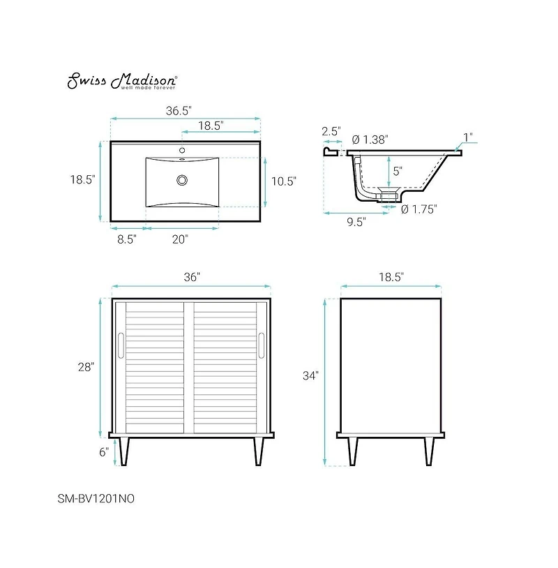 Swiss Madison Delice 36" Freestanding Bathroom Vanity in Natural Oak with Sink Top