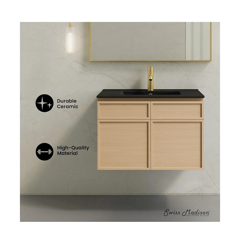 St. Tropez 30" Wall-Mounted Bathroom Vanity in Natural Oak with Black Sink Top