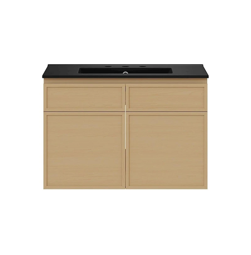 Swiss Madison 30" Wall-Mounted Bathroom Vanity, Natural Oak, Black 3-Hole Widespread Sink Top