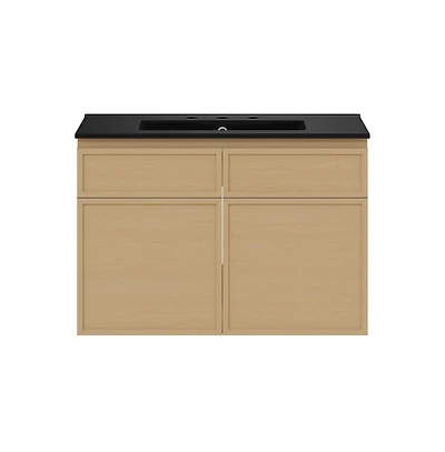 Swiss Madison 30" Wall-Mounted Bathroom Vanity, Natural Oak, Black 3-Hole Widespread Sink Top