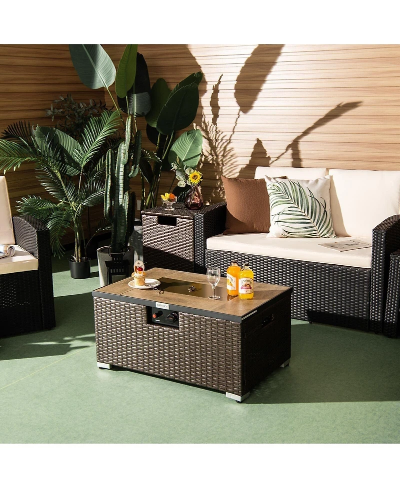 Mecale 32 Inch x 20 Inch Propane Rattan Fire Pit Table Set with Side Table Tank and Cover