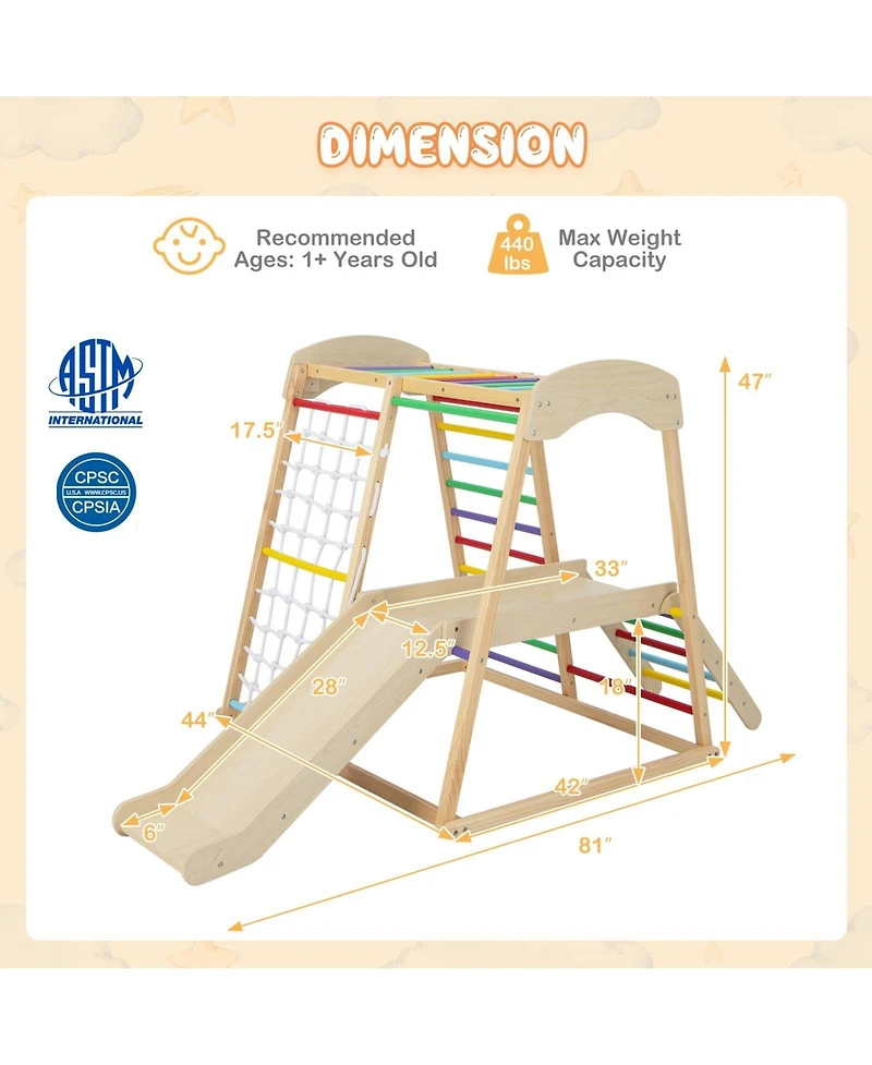 6-in-1 Indoor Jungle Gym Kids Wooden Playground with Monkey Bars