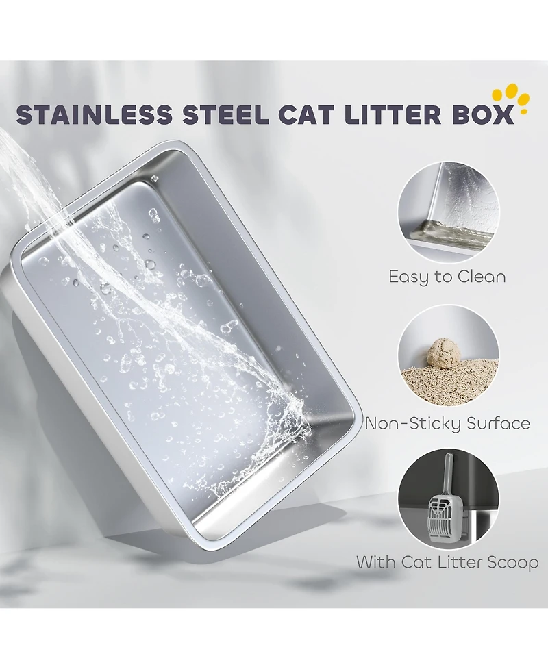 PawHut Stainless Steel Litter Box, Enclosed Litter Box with Scoop,