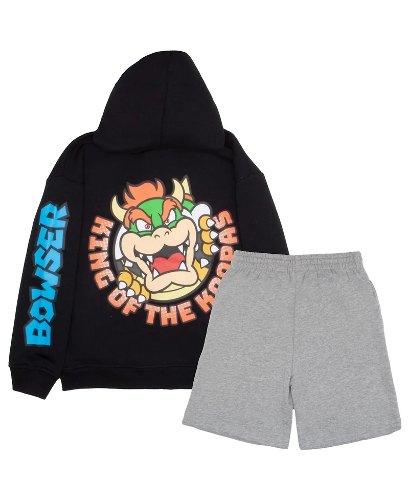 Mario Big Boys Super Bros Bowser 2-Piece Zip-Up Hoodie and Shorts Bundle Set