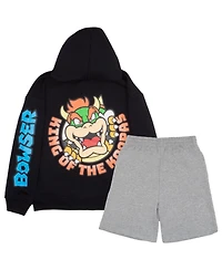 Mario Big Boys Super Bros Bowser 2-Piece Zip-Up Hoodie and Shorts Bundle Set