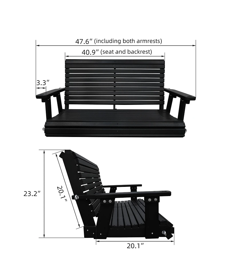 2-Seater 4 Ft Hdpe Porch Swing, for Outdoor Patio Garden Yard (Darknight Black)