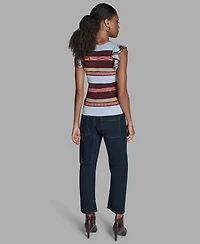 Bcbg Women's Stripe Short Flutter-Sleeve Crewneck Sweater