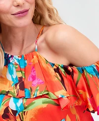 I.n.c. International Concepts Women's Printed Ruffled Cold-Shoulder Top, Macy's Exclusive