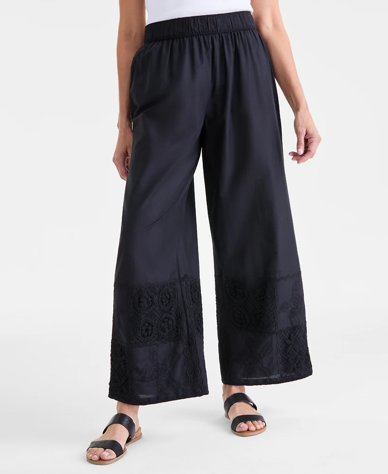Style & Co Women's Wide Leg Crochet Embroidery Patchwork Pants, Macy's Exclusive