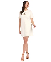 London Times Women's Novelty Button Crewneck Shift Short Dress